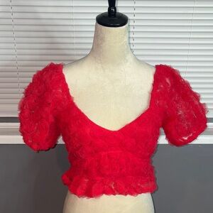 Le Lis Red 3D Rosette Crop Top | Puff Sleeve Romantic Coquette Blouse | Size S